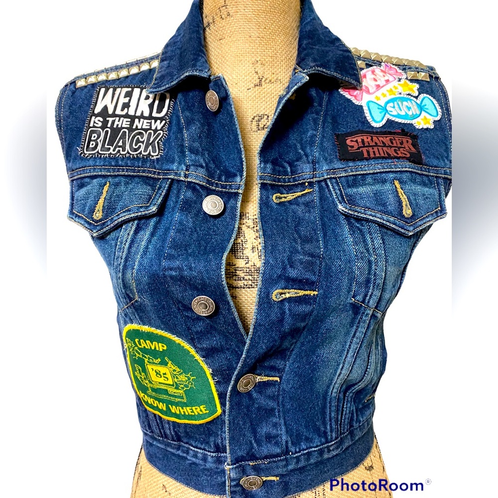 Stranger Things Themed Girl’s Custom Patchwork and Studs Jean Vest -Size M 7-8